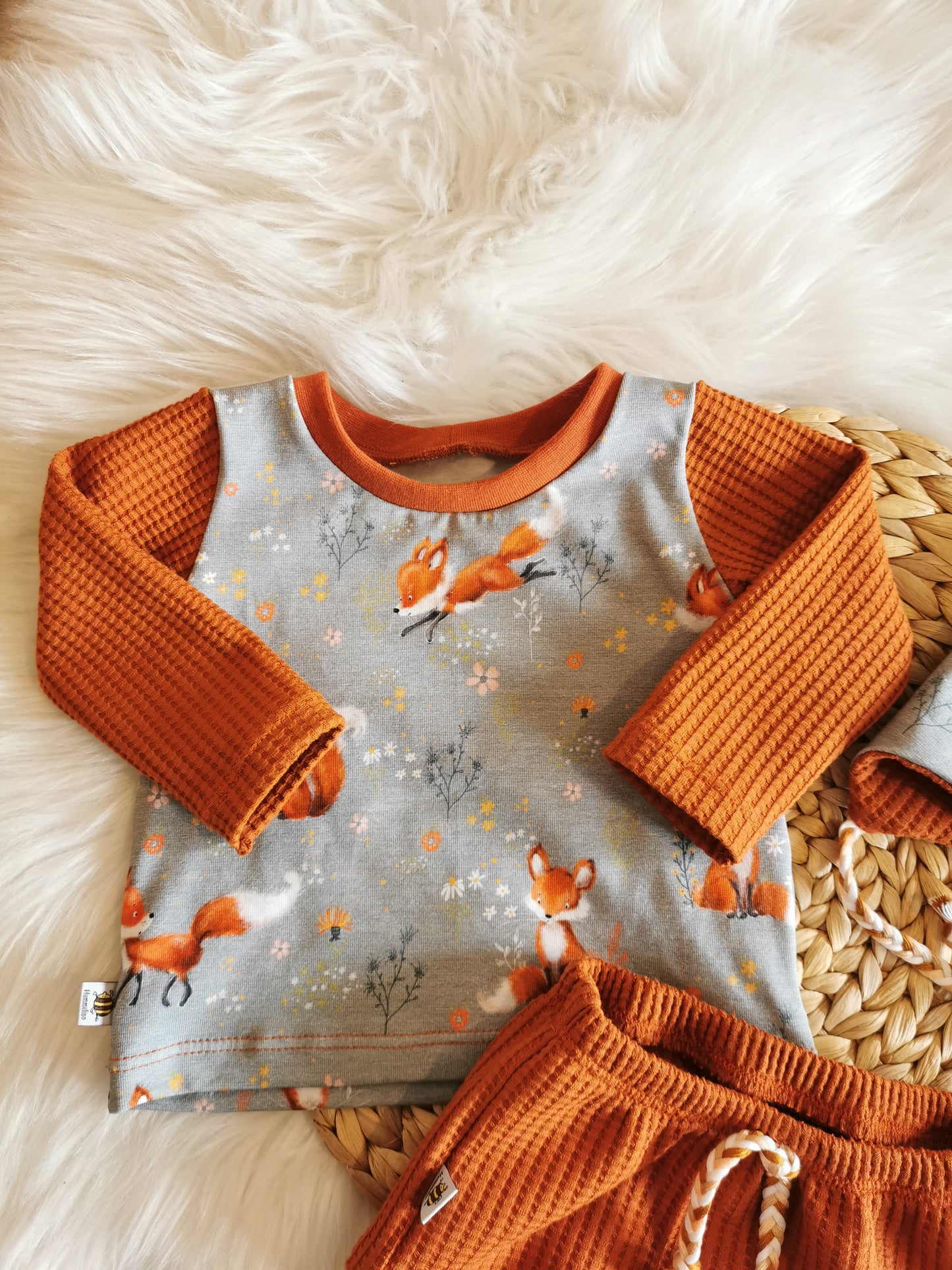 Set Langarmshirt, Bummie & Beanie mit Fuchs rost Gr. 68 (4-6 Monate)