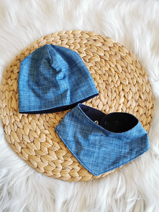 Set Beanie & Halstuch blau Leinenoptik