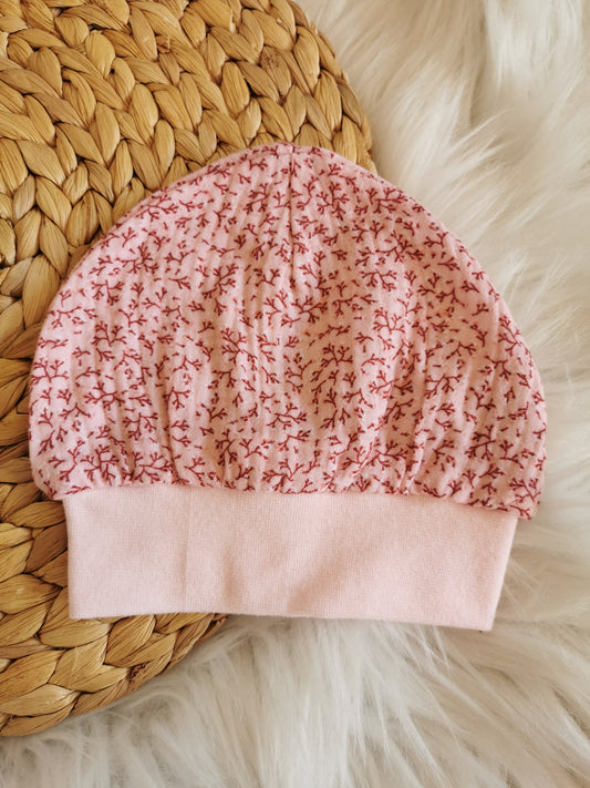 Mütze mit Bündchen, Musselin Blumenzweige rosa KU 41-42cm (2-3 Monate)